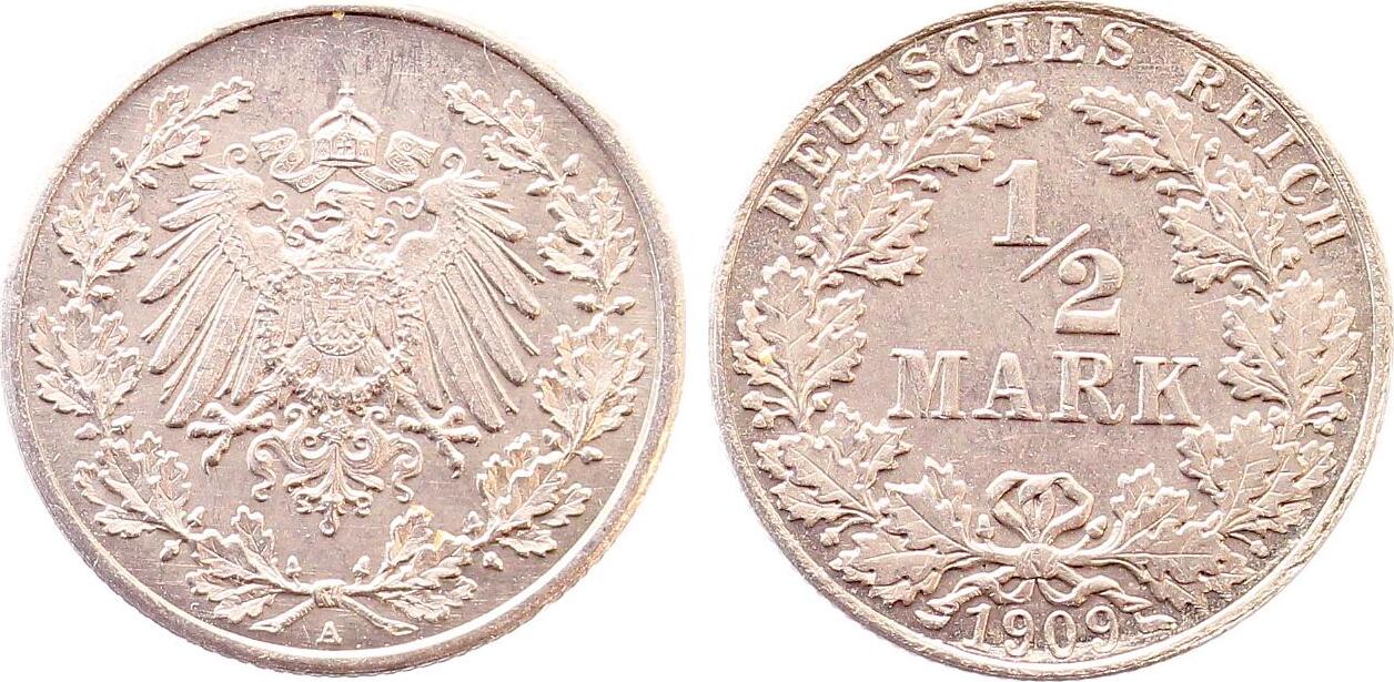 1/2 Mark 1909 1/2 Mark 1909 A Nickelprobe Riffelrand, Schaaf unediert prägefrisch