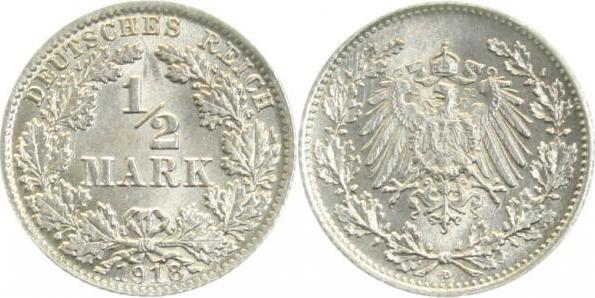1/2 Mark 1918 1/2 Mark 1918 D prfr J 016 prägefrisch