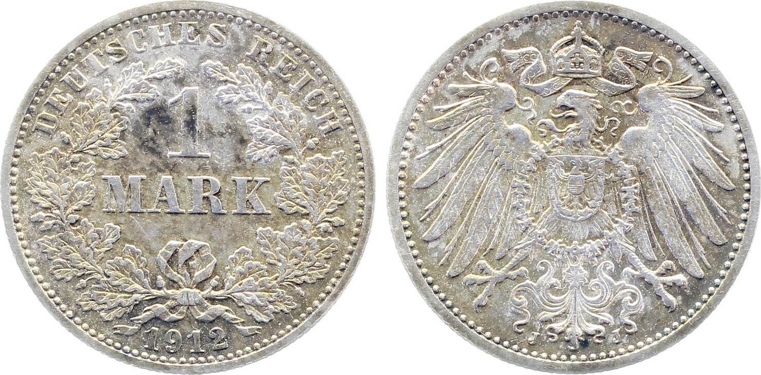 1 Mark 1912 1 Mark 1912 J J 017 alte farbige Patina Kaiserreich vz / stgl