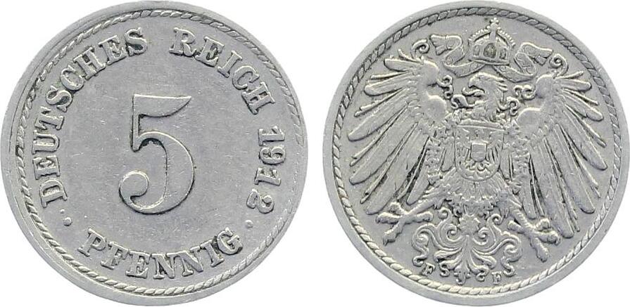 5 Pfennig 1912 Variante 5 Pfennig 1912 F Jahreszahl 191 2 mit Abstand J 012 ss / vz