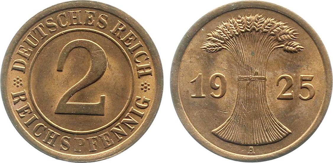 2 Pfennig 1925 2 Reichspfennig 1925 A vz/stgl 1.3 J 314 vorzüglich / prägefrisch