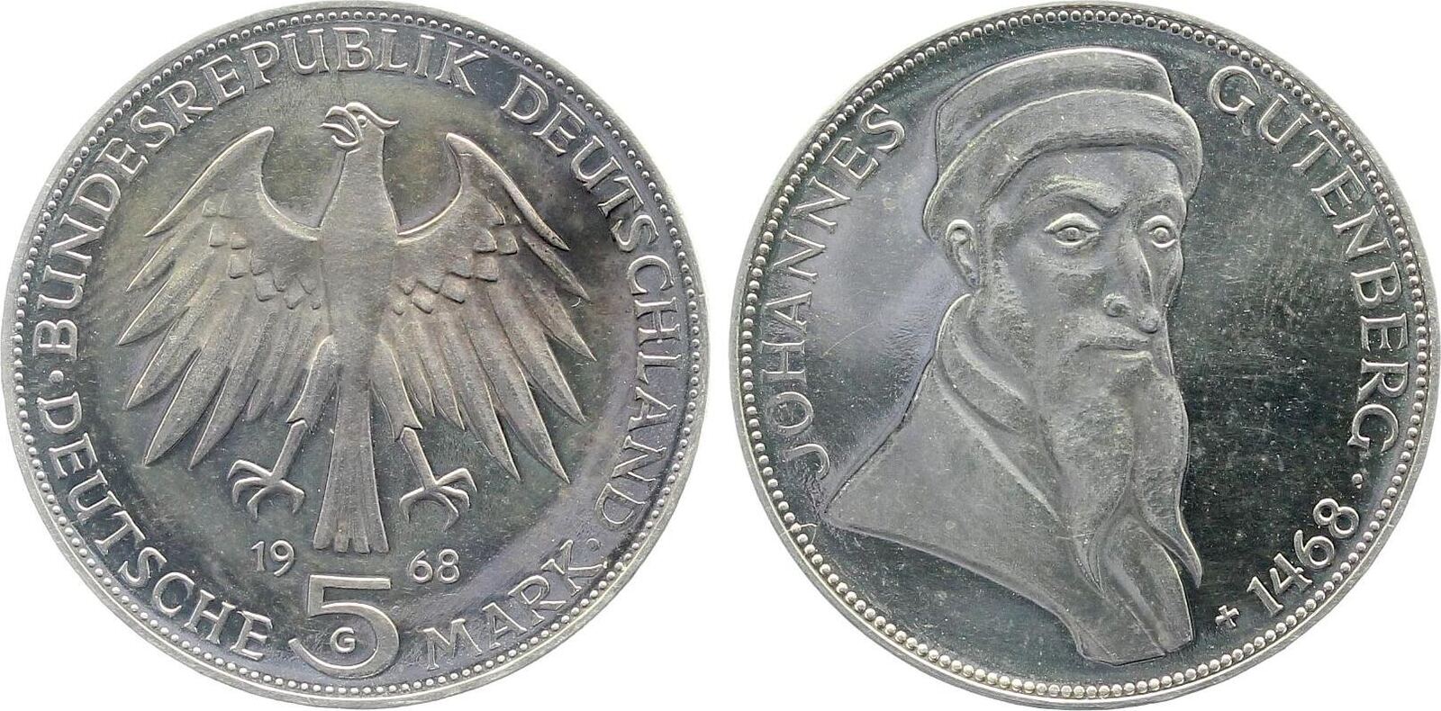5 Mark 1968 5 DM Gutenberg 1968 G Polierte Platte vollpoliert J 397 Polierte Platte