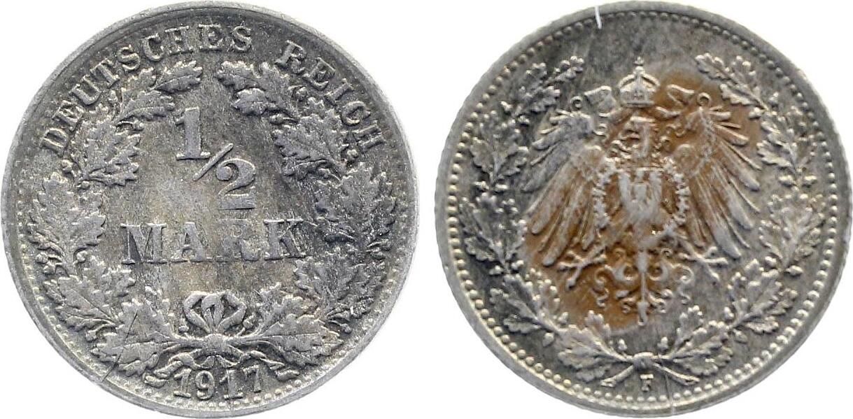 1/2 Mark 1917 1/2 Mark 1917 F ss/vz J 016 sehr schön/vorzüglich