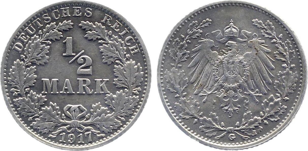 1/2 Mark 1917 1/2 Mark 1917 F prfr J 016 schöne Patina prägefrisch