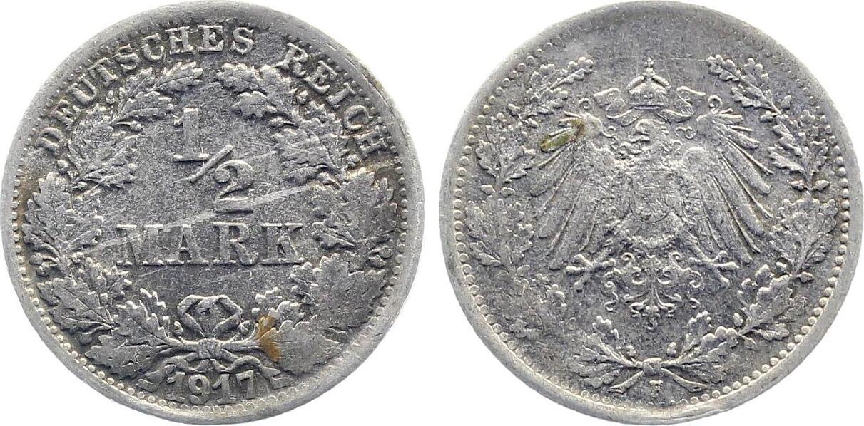 1/2 Mark 1917 1/2 Mark 1917 F prfr J 016 schöne Patina prägefrisch