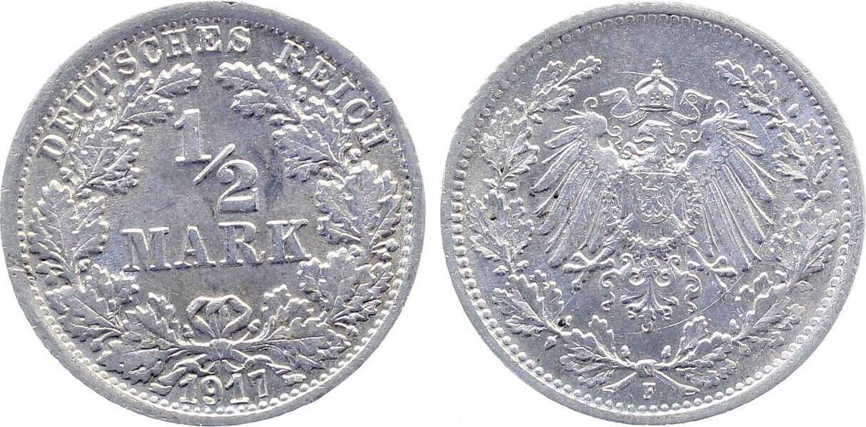 1/2 Mark 1917 1/2 Mark 1917 F f prfr schöne Patina J 016 fast prägefrisch