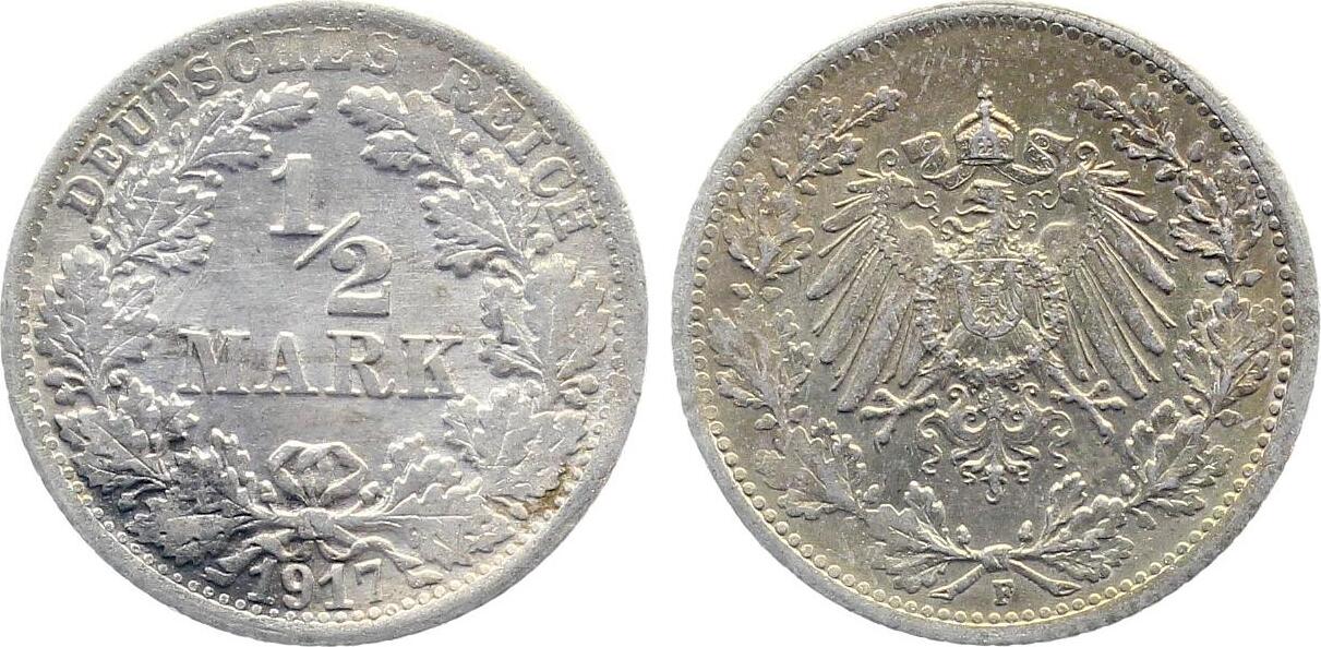 1/2 Mark 1917 1/2 Mark 1917 F f prfr schöne Patina J 016 fast prägefrisch