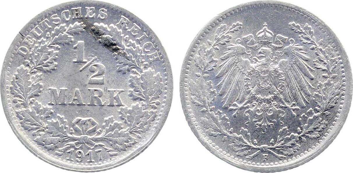 1/2 Mark 1917 1/2 Mark 1917 F f prfr schöne Patina J 016 fast prägefrisch