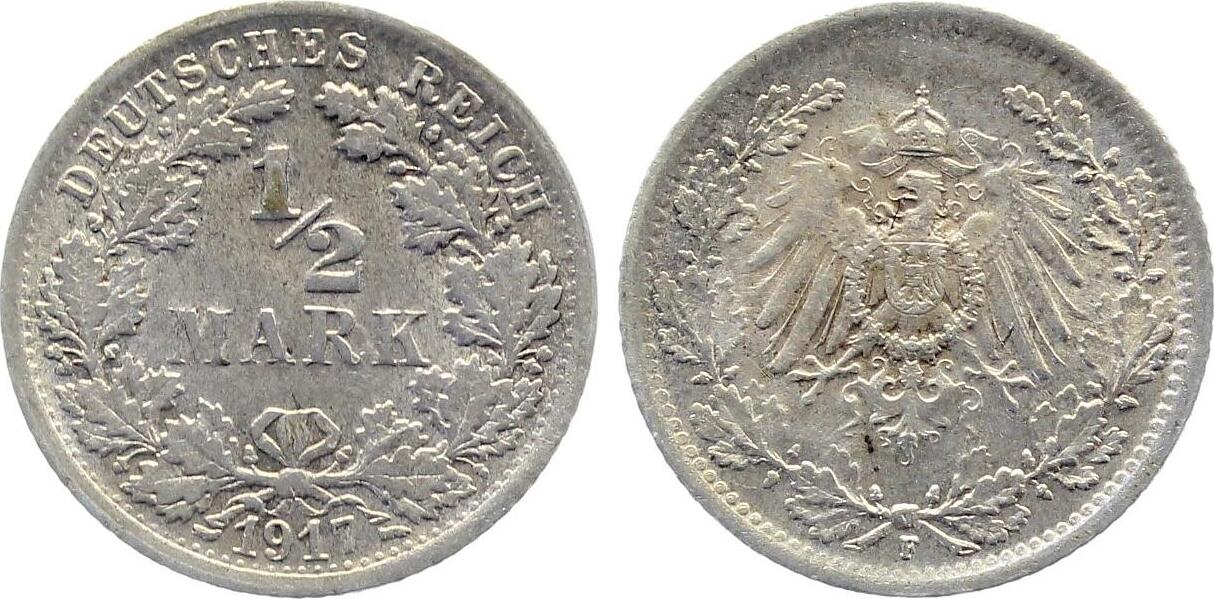 1/2 Mark 1917 1/2 Mark 1917 F f prfr leichte Patina J 016 fast prägefrisch