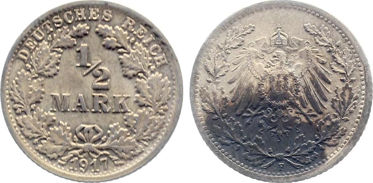 1/2 Mark 1917 1/2 Mark 1917 F f prfr schöne Patina J 016 fast prägefrisch