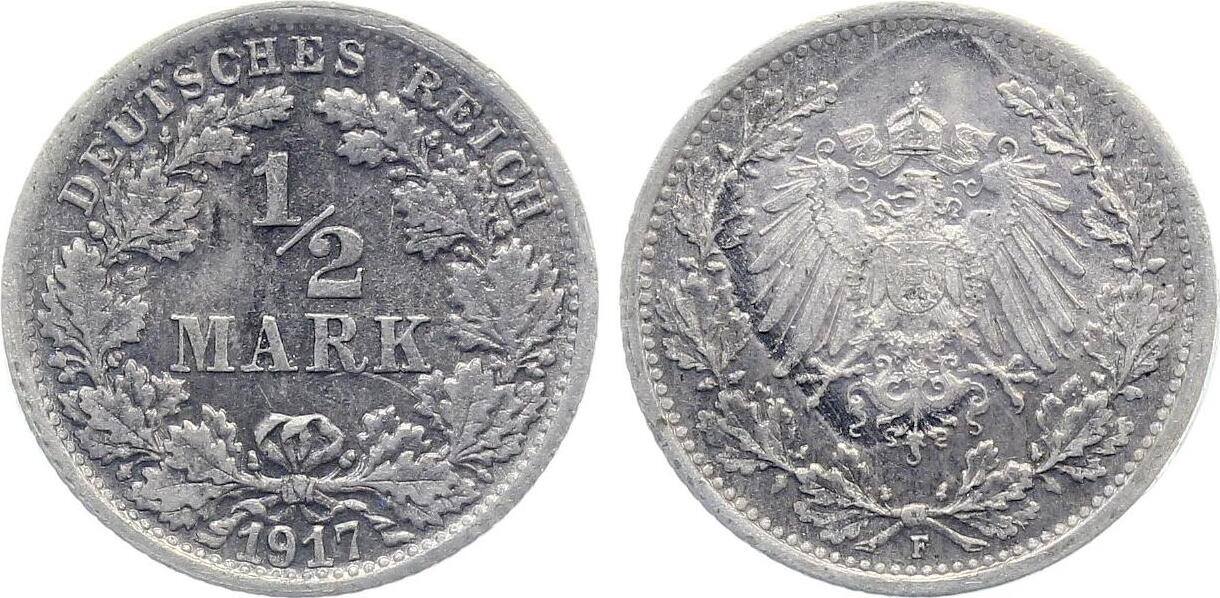 1/2 Mark 1917 1/2 Mark J 016 1917 F Patina fleckig vorzüglich