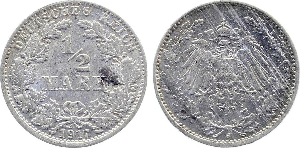 1/2 Mark 1917 1/2 Mark 1917 J prfr fleckige PatinaJ 016 prägefrisch