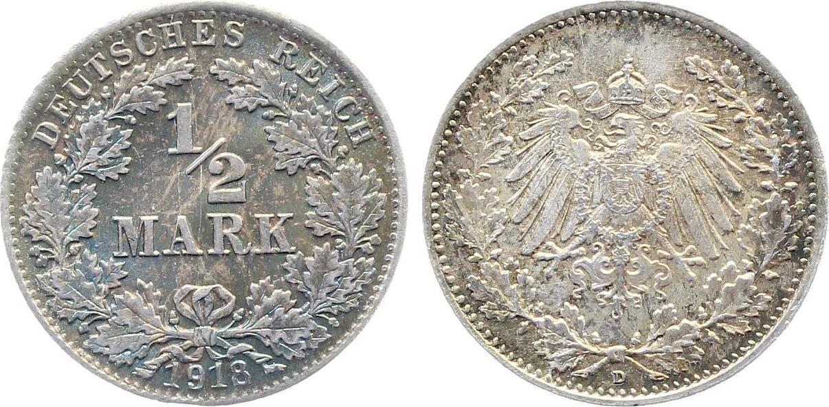 1/2 Mark 1918 1/2 Mark 1918 D prfr/stgl herrliche Patina !J 016 prägefrisch / stempelglanz