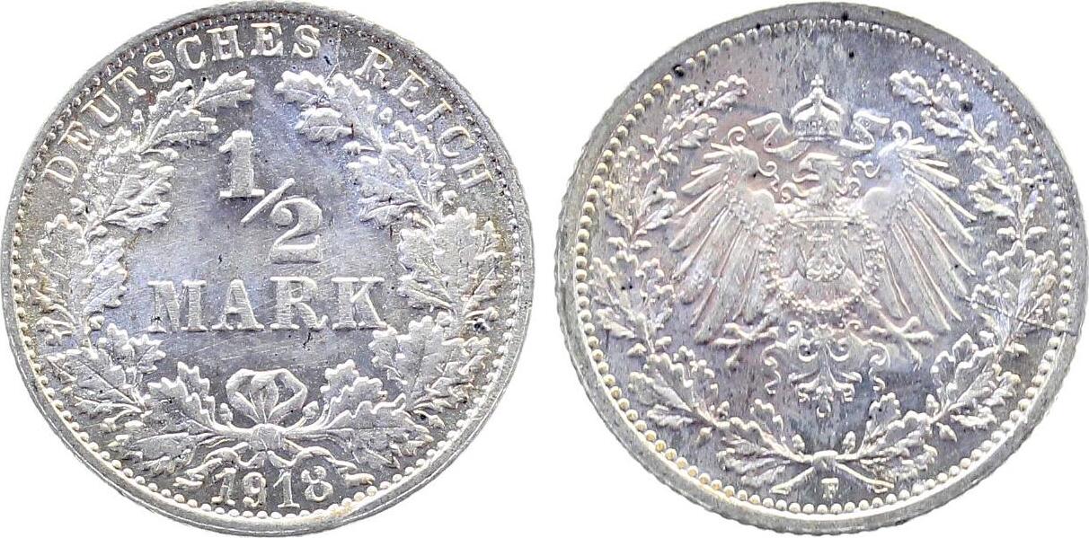 1/2 Mark 1918 1/2 Mark 1918 F offene 8 J 016 stempelglanz fein stempelglanz fein