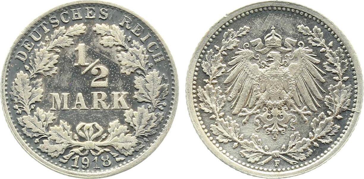 1/2 Mark 1918 Variante 1/2 Mark 1918 F offene 8 J 016 vorzüglich