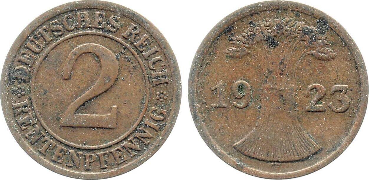 2 Rentenpfennig 1923 2 Pfennig 1923 G ss J 307 sehr schön