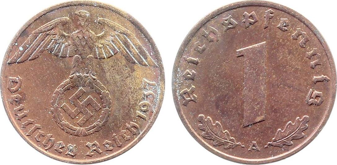 1 Pfennig 1937 1 Pfennig 1937 A prfr schöne Patina J 361 prägefrisch
