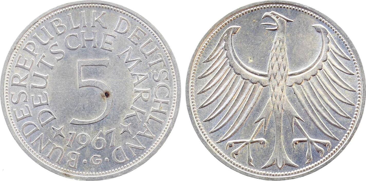 5 Mark 1967 5 Deutsche Mark 1967 G bfr/stgl J 387 bankfrisch / stempelglanz