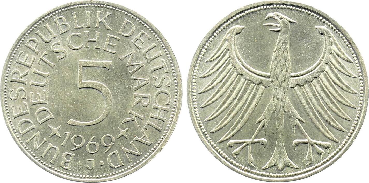 5 Mark 1969 5 Deutsche Mark 1969 J bfr/stgl J 387 bankfrisch / stempelglanz