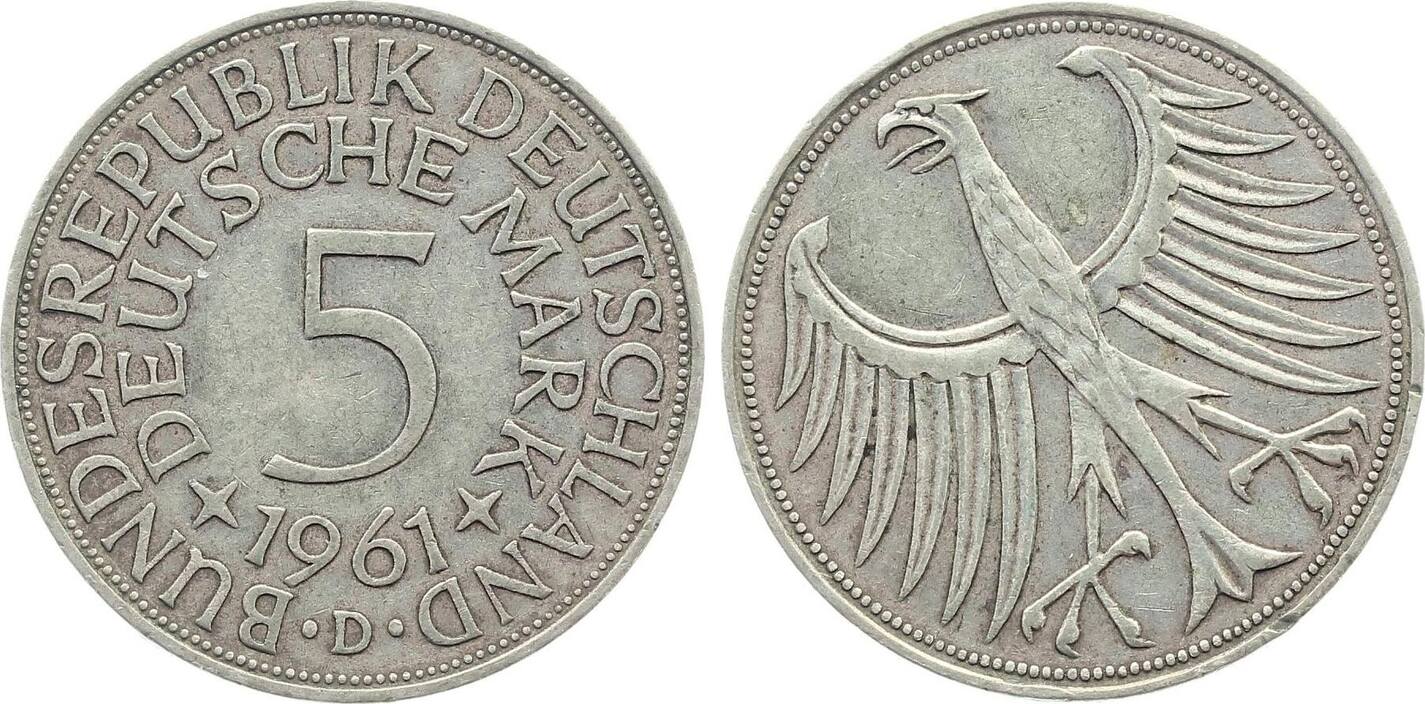 5 DM 1961 Fehlprägung 5 Mark 1961 D Stempeldrehung 340° vz/ss J 387 sehr schön/vorzüglich