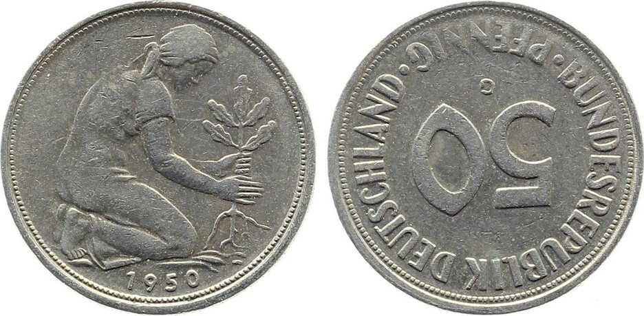 50 Pfennig 1950 50 Pfennig 1950 G Stempeldrehung 180° ss J 384 sehr schön