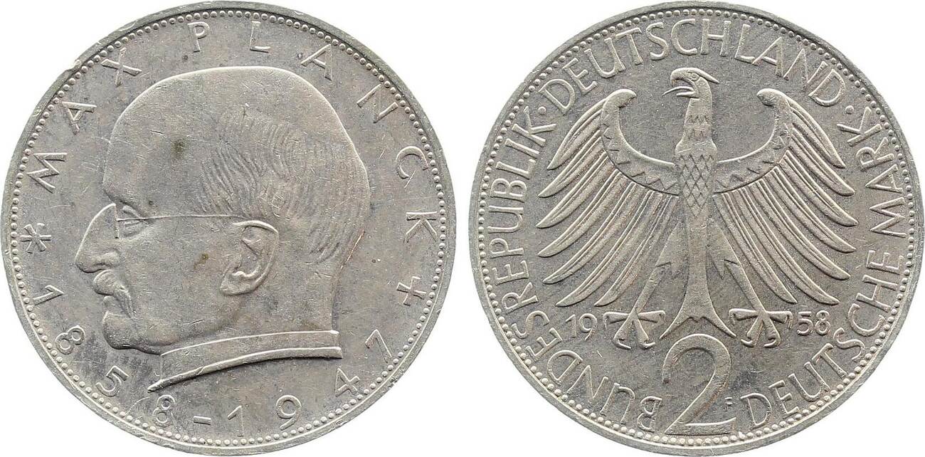 2 Mark 1958 2 DM Max Planck 1958 F J 392 f. bfr kl. Randfehler fast prägefrisch