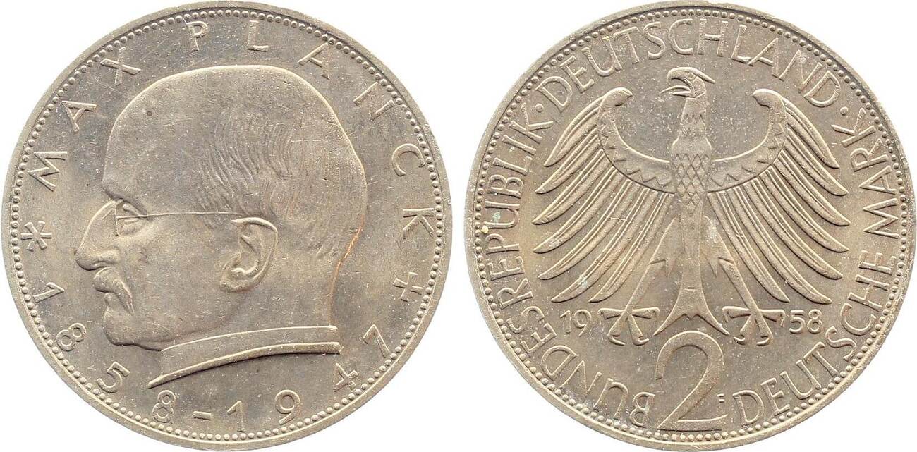 2 Mark 1958 2 DM Max Planck 1958 F J 392 f. bfr. Patina fast prägefrisch