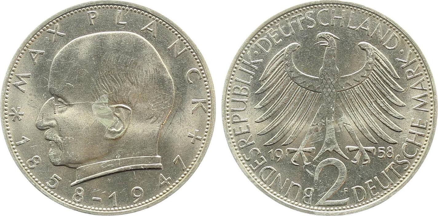 2 Mark 1958 2 DM Max Planck 1958 F J 392 bfr Fleck mittig bankfrisch / stempelglanz