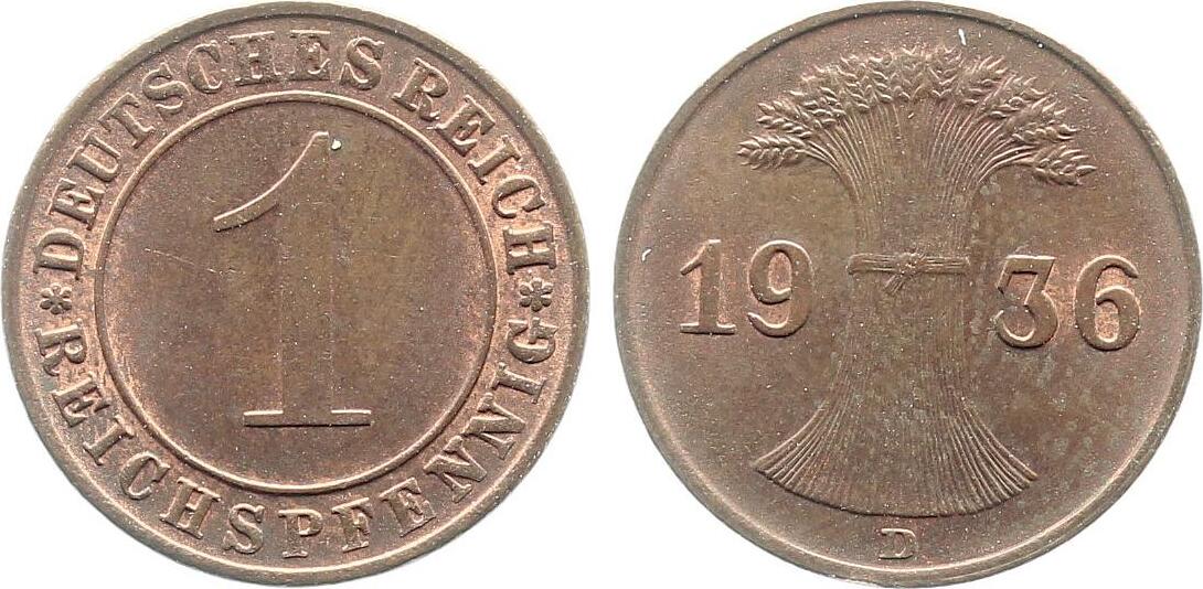 1 Pfennig 1936 1 Reichspfennig 1936 D J 313 vz/prfr vorzüglich / prägefrisch