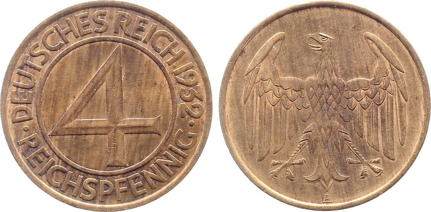 4 Pfennig 1932 4 Reichspfennig 1932 A f stgl J 315 REICH und Jahr doppelt fast stempelglanz