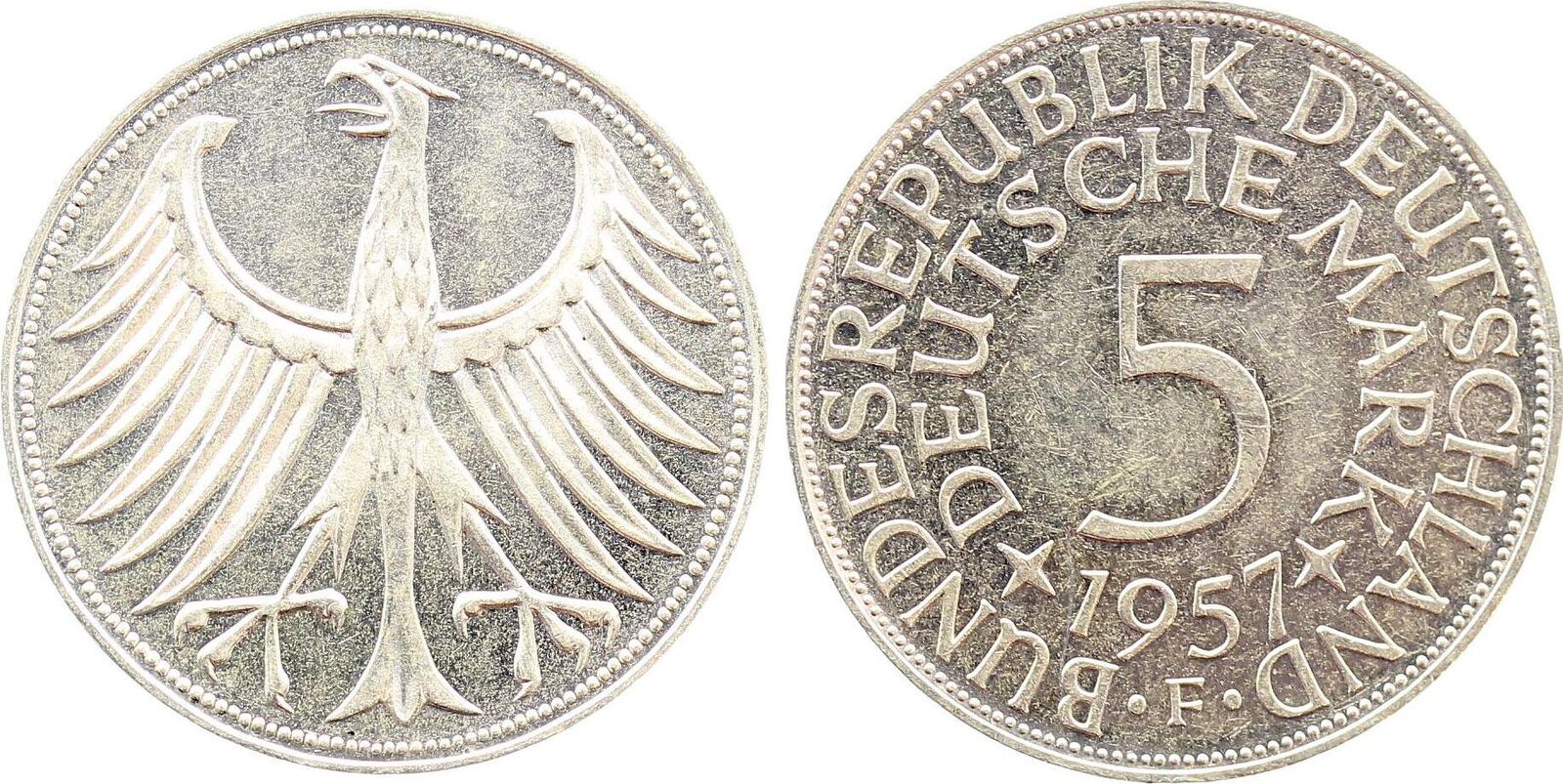 5 DM 1957 5 DM 1957 F f.bfr Erstabschlag J 387 5 Mark vorzüglich/stempelglanz