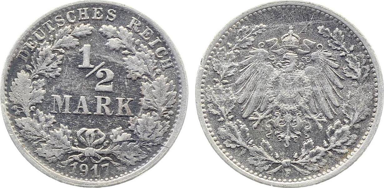 1/2 Mark 1917 1/2 Mark J 016 1917 F vorzüglich