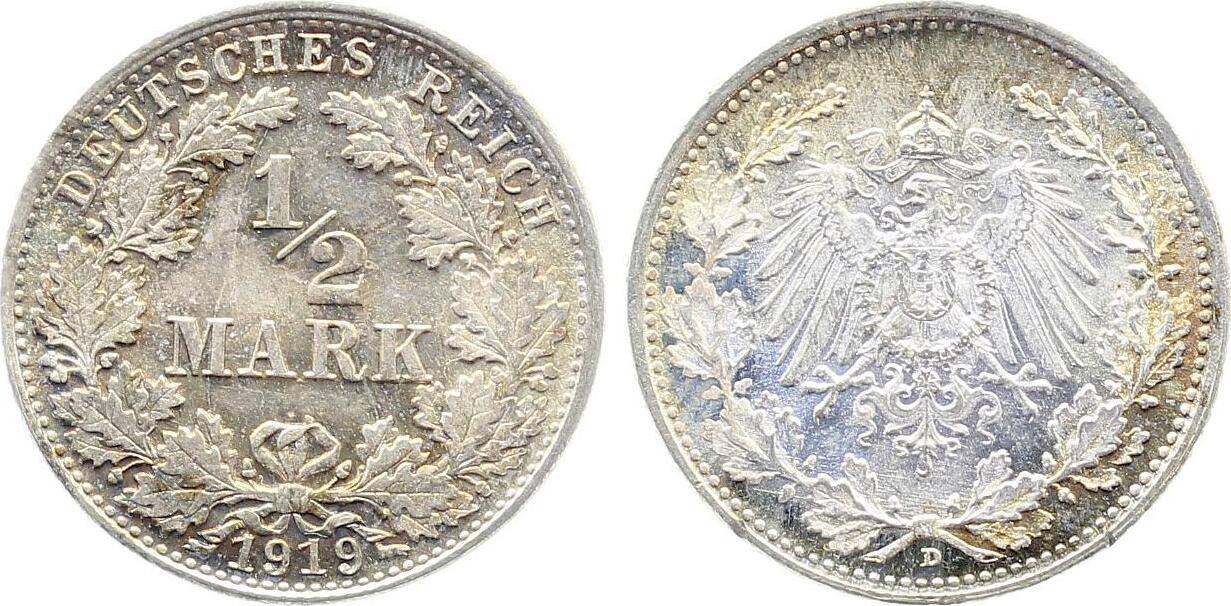 1/2 Mark 1919 1/2 Mark 1919 D f prfr J 016 Patina fast prägefrisch
