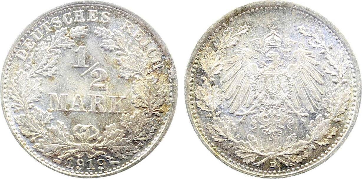1/2 Mark 1919 1/2 Mark 1919 D f prfr J 016 Patina fast prägefrisch