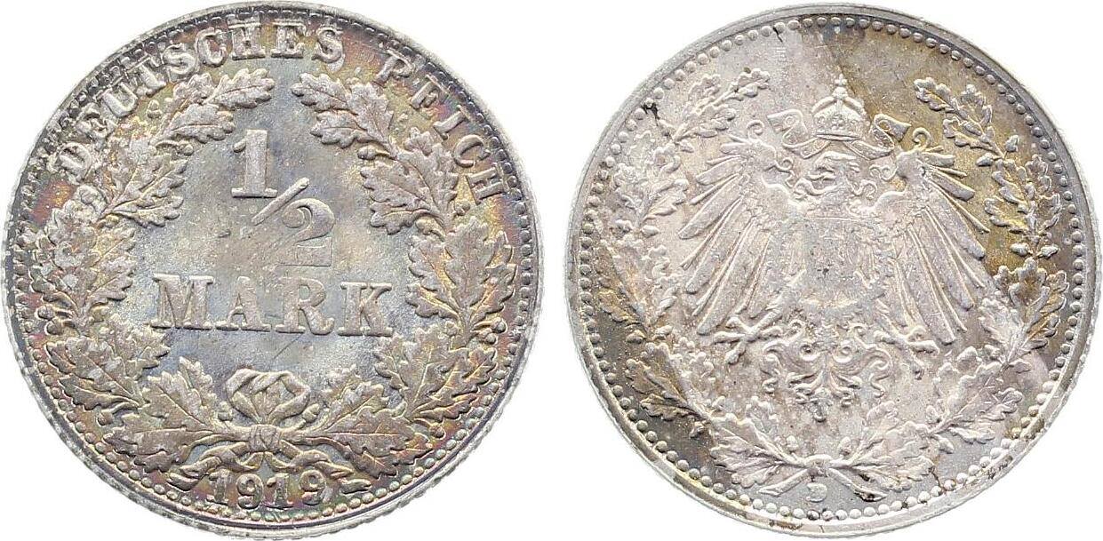 1/2 Mark 1919 1/2 Mark 1919 D vz J 016 Patina vorzüglich