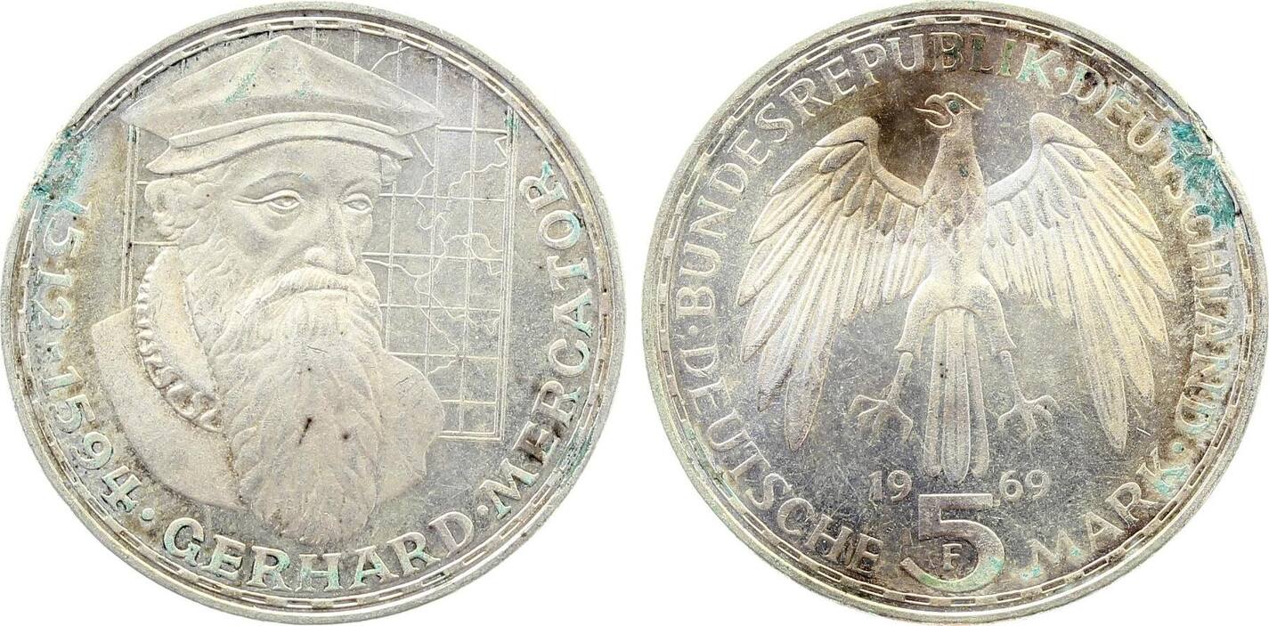 5 Mark 1969 Fehlprägung 5 Mark 1969 F Mercator Zainende J 400 vorzüglich/stempelglanz
