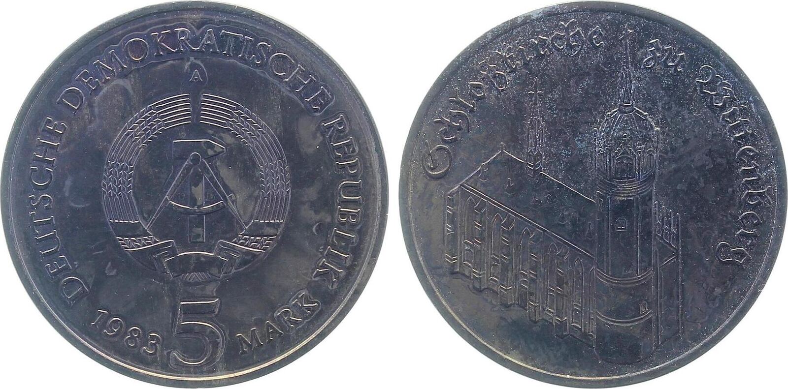 5 Mark 1983 5 M DDR Schloßkirche Wittenberg 1983 herrl. schwarze Patina prägefrisch / stempelglanz