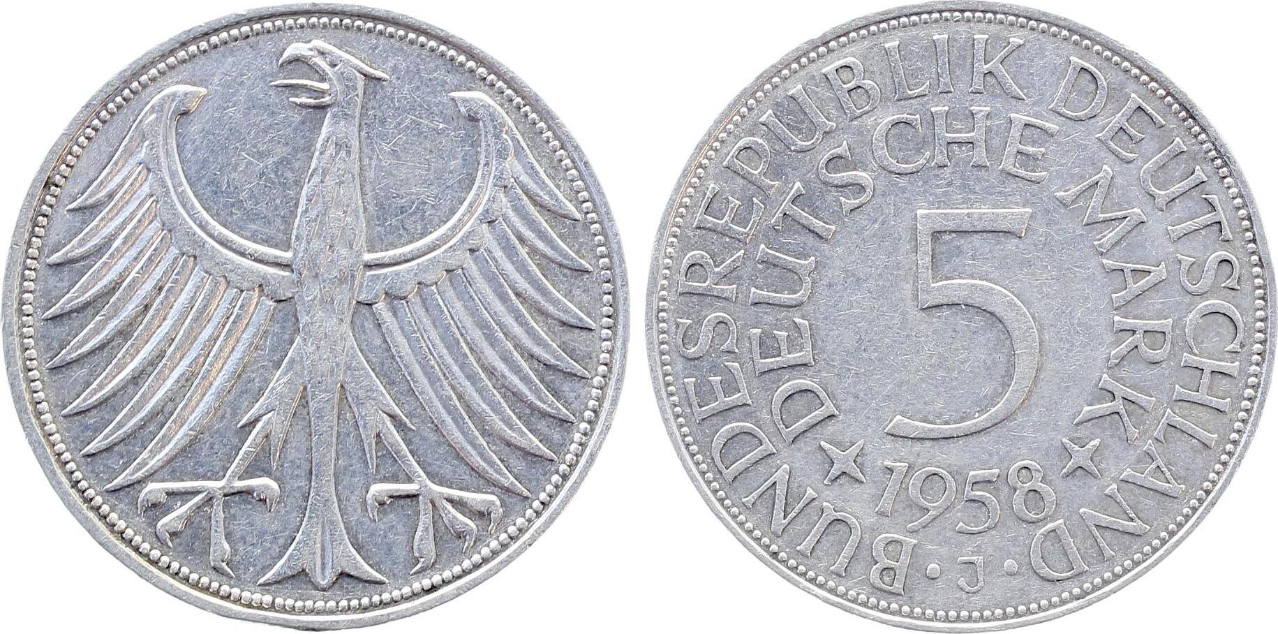 5 Deutsche Mark 1958 5 DM 1958J ss/vz, minimalen Randfehler,, inkl. Expertise leichter Patina ss / vz