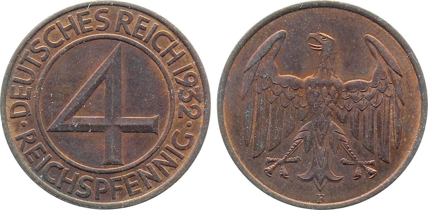4 Pfennig 1932 4 Reichspfennig 1932 F J 315 prfr/stgl. TOP prägefrisch / stempelglanz