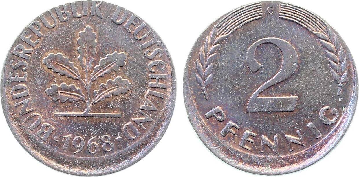 2 Pfennig 1968 Fehlprägung 2 Pfennig 1968 G dezentriert 5% J 381 vorzüglich/stempelglanz