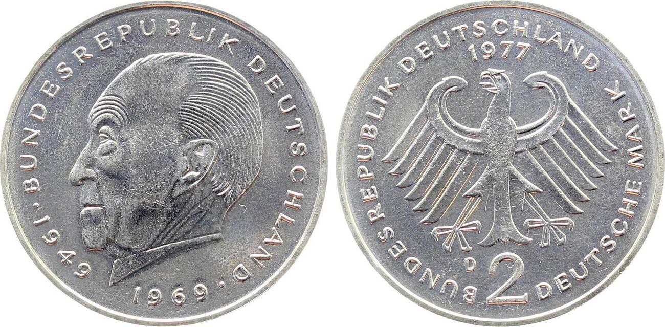 2 Mark 1977 2 DM 1977 D Adenauer bfr/stgl J 406 bankfrisch / stempelglanz