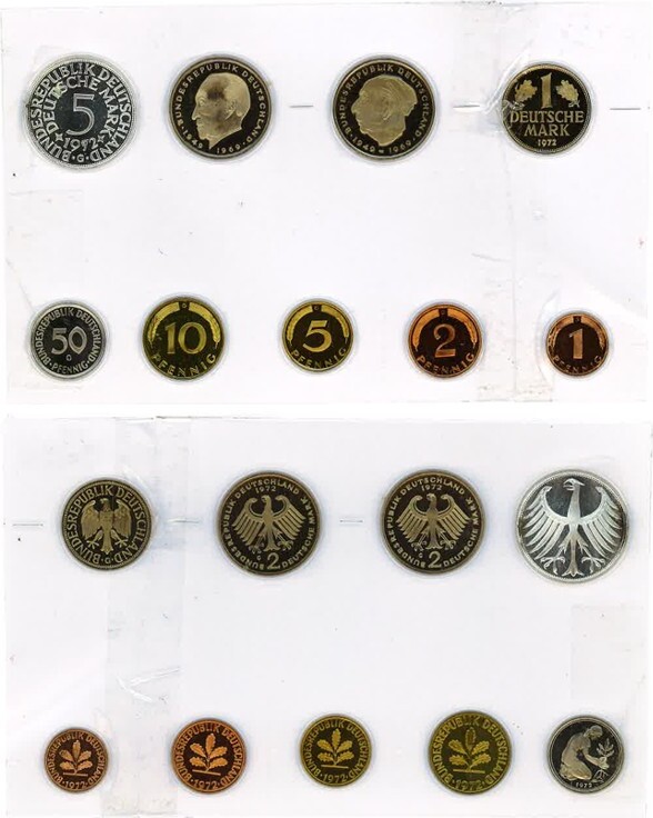 1 Pfennig - 5 DM 1972 Jahressatz 1972 G Proof ohne Siegel 9 Stück Polierte Platte