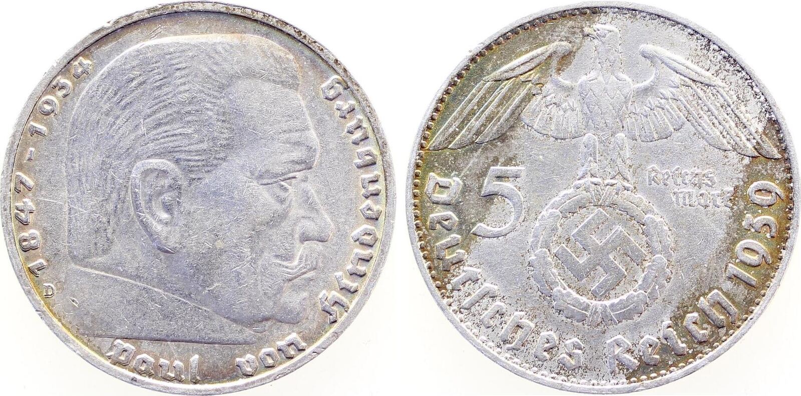 5 Reichsmark 1939 5 Reichsmark Hindenburg 1939 D Text teilweise doppelt sehr schön/vorzüglich