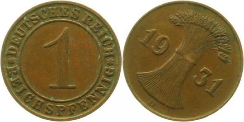 1 Pfennig 1931 1 Reichspfennig 1931 D ss/vz Stempeldrehung 35° J 313 sehr schön/vorzüglich