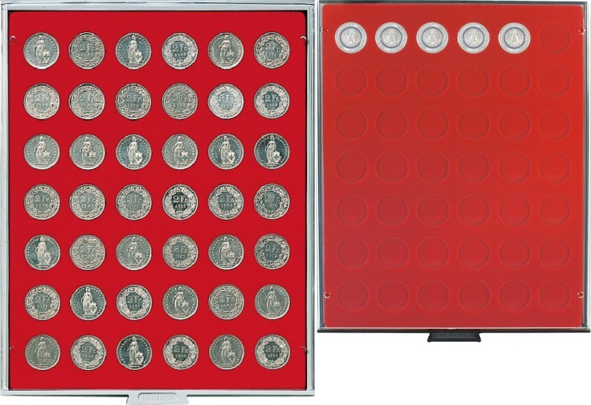 Velourseinlage, hellrot, mit 42 runden Vertiefungen für Münzen mit Ø 27,5 mm, z.B. für deutsche 5 Euro-Münzen