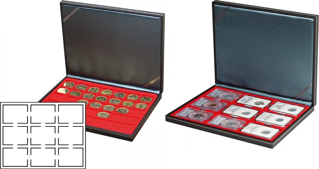 Münzkassette NERA M mit hellroter Münzeinlage für 9 US-Münzkapseln (Slabs) bis zu einem Format von 63x85 mm