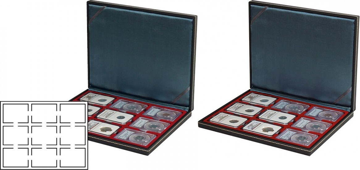 Münzkassette NERA M mit dunkelroter Münzeinlage für 9 US-Münzkapseln (Slabs) bis zu einem Format von 63x85 mm