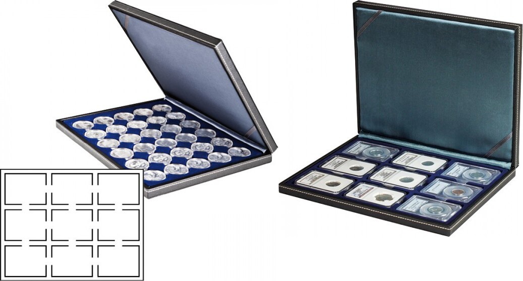 Münzkassette NERA M mit dunkelblauer Münzeinlage für 9 US-Münzkapseln (Slabs) bis zu einem Format von 63x85 mm