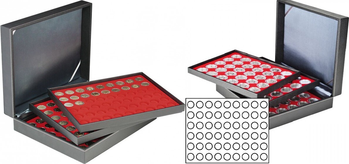 Münzkassette NERA XL mit 3 Tableaus und hellroten Münzeinlagen für 162 Münzen mit Ø 25,75 mm, z.B. für 2 Euro-Münzen