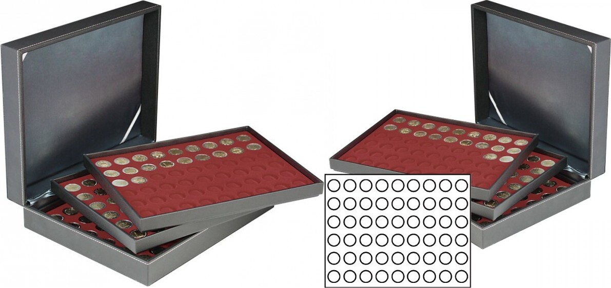 Münzkassette NERA XL mit 3 Tableaus und dunkelroten Münzeinlagen für 162 Münzen mit Ø 25,75 mm, z.B. für 2 Euro-Münzen
